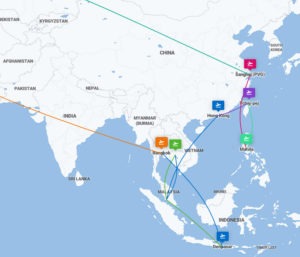 Mapa letenek po Asii